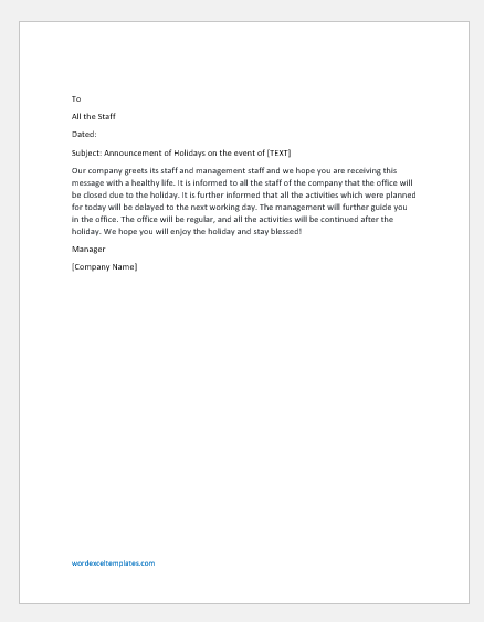 Office Closed For Holiday Messages To Staff Word Excel Templates