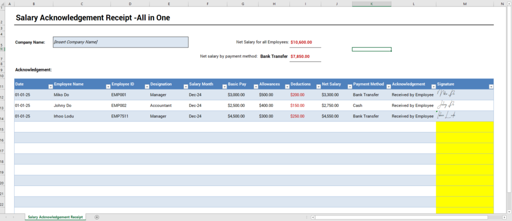 Salary Acknowledgement Receipt -AIO Template