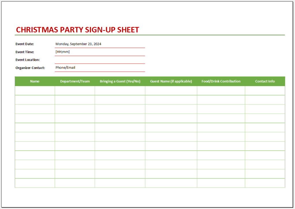 Christmas party sign-up sheet