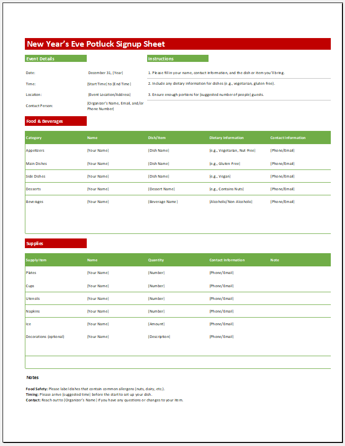 New Year’s Eve Potluck Signup Sheet