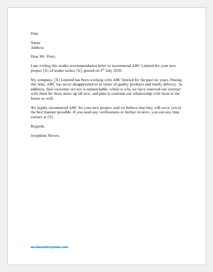 Tender Recommendation Letter Template For Word Word Excel Templates