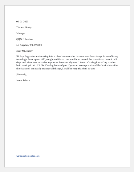 Absence Excuse Email to Professor for Various Reasons | Word & Excel ...