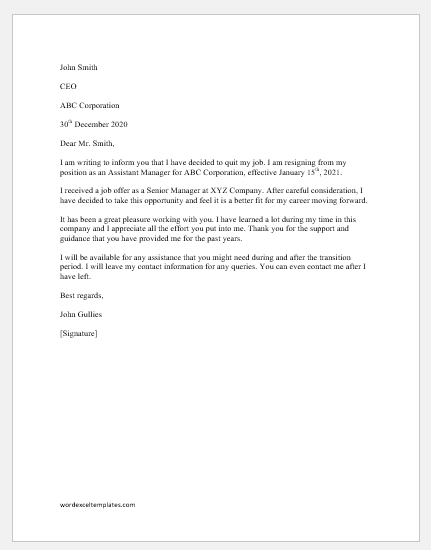 Quitting My Job Letter Database Letter Template Collection