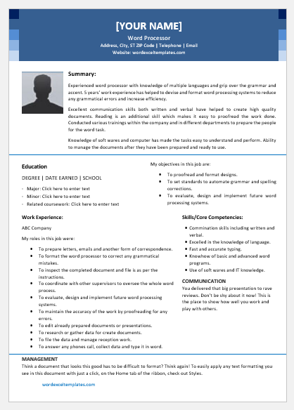 Word Processor Resume Template For Word Word Excel Templates