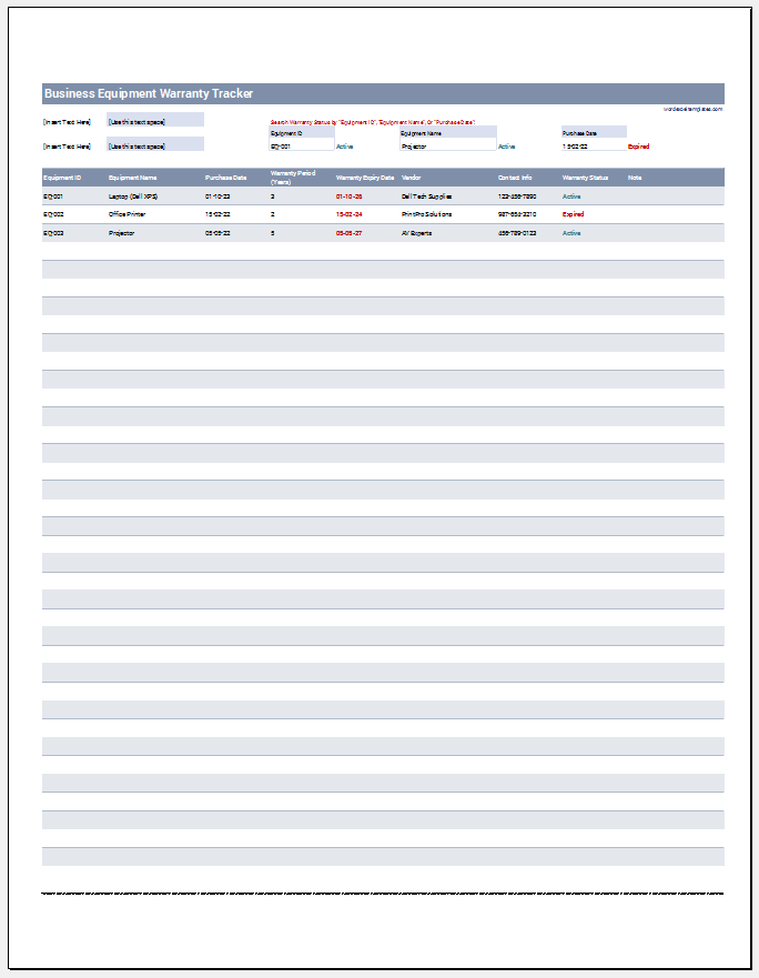 Business Equipment Warranty Tracker