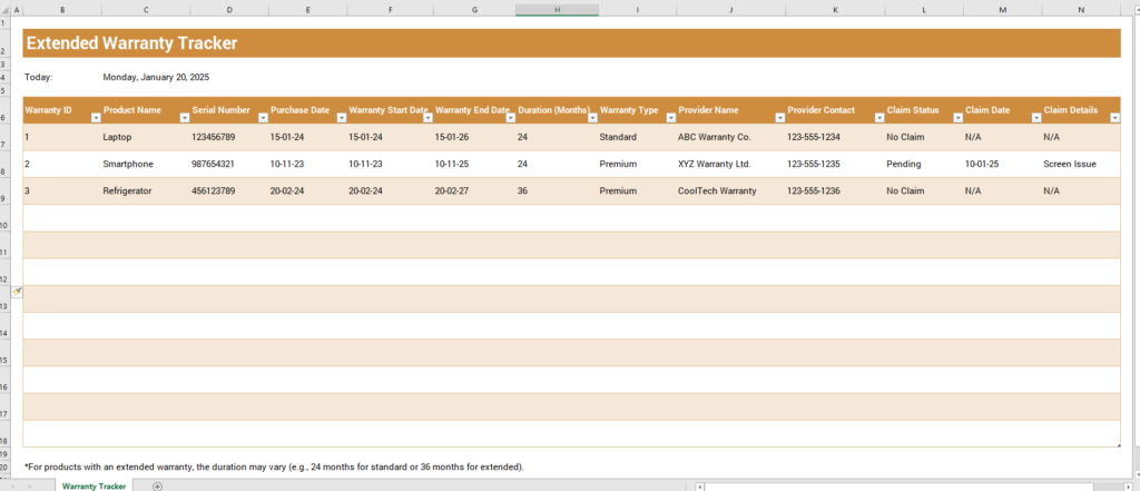 Extended Warranty Tracker Template for Excel