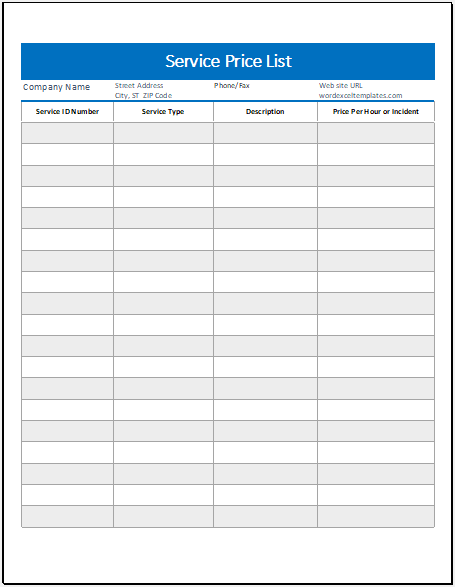 Service Price List Template For Excel Word Excel Templates