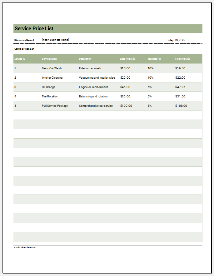 Service Price List Template