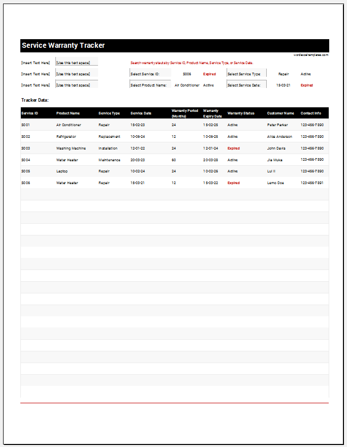 Service Warranty Tracker Template