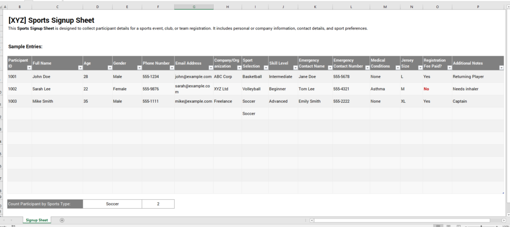 Sports Signup Sheet Template for Excel