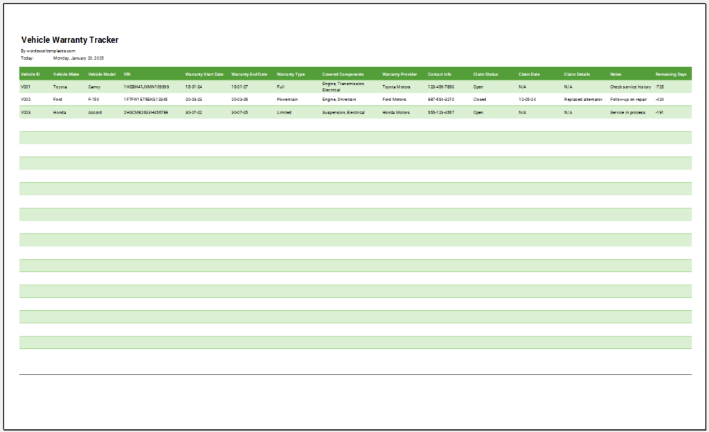 Vehicle Warranty Tracker Template for Excel