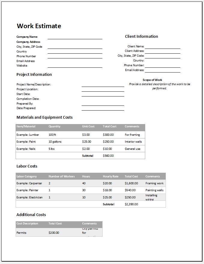 Work estimate template