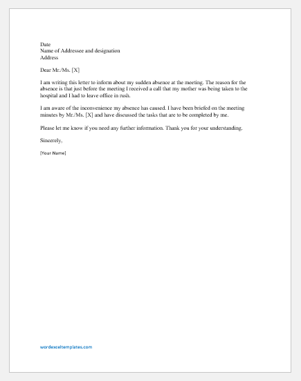 Absence Excuse Letter For Meeting Word Excel Templates