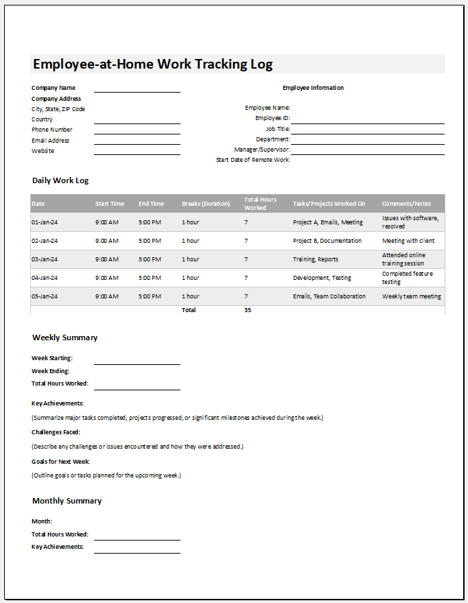 Employee-at-Home Work Tracking Log