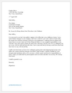 Absence Excuse Letter due to Childcare | Word & Excel Templates