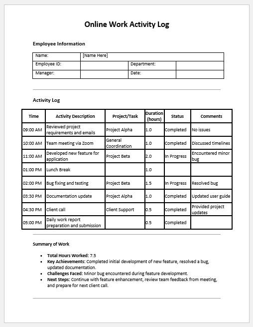 Online Work Activity Log