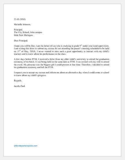 Excuse Letter for Missing Parents Meeting in School | Word & Excel ...