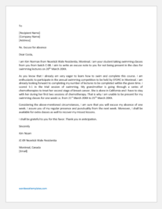 Excuse Letter for not Attending the Swimming Class | Word & Excel Templates