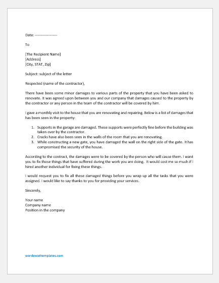 Letter To Contractor For Damage Word Excel Templates