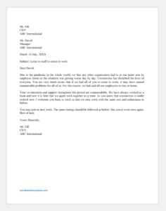 Letter to Staff to Return to Work | Word & Excel Templates