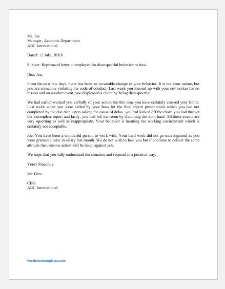 Reprimand Letter To Employee For Disrespectful Behavior To Boss Word