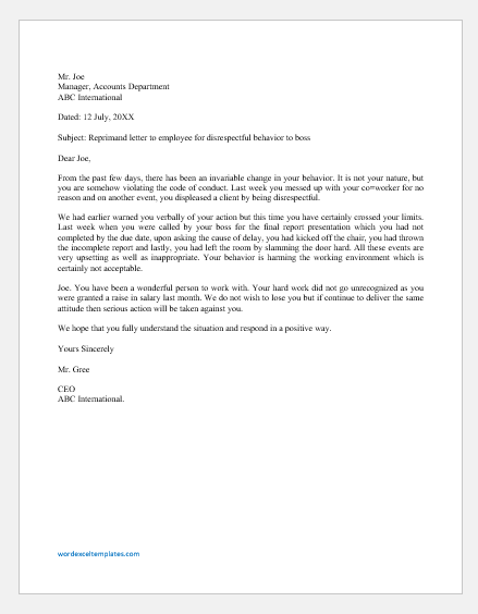 Reprimand Letter To Employee For Disrespectful Behavior To Boss Word 