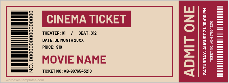 Cinema Ticket Templates For Word Word Excel Templates