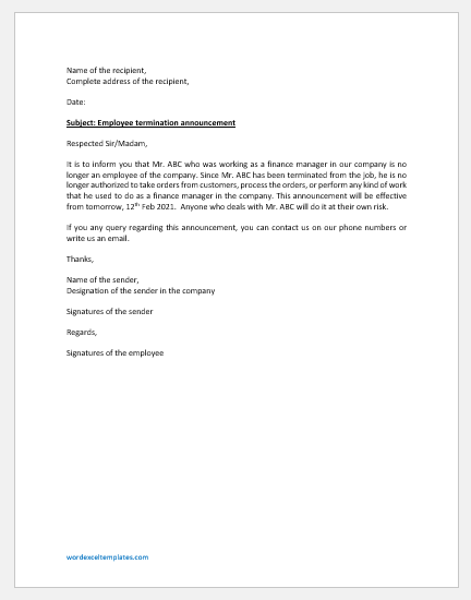 Employee Termination Announcement Letter To Clients Word Excel 