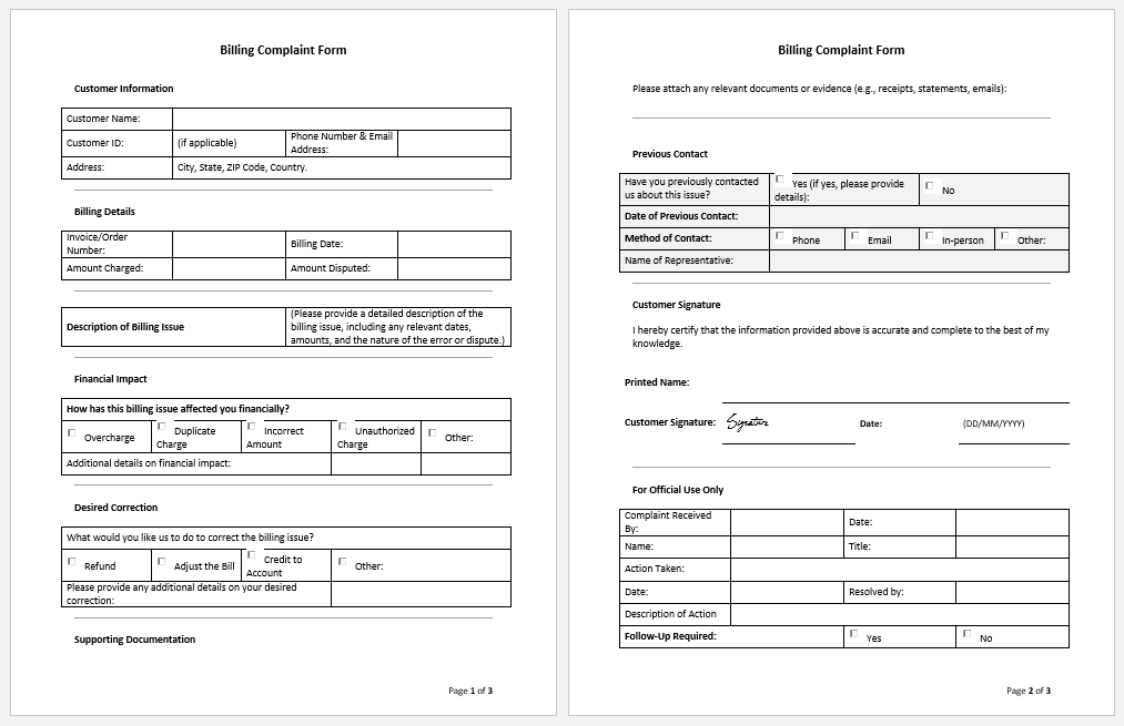 Billing Complaint Form