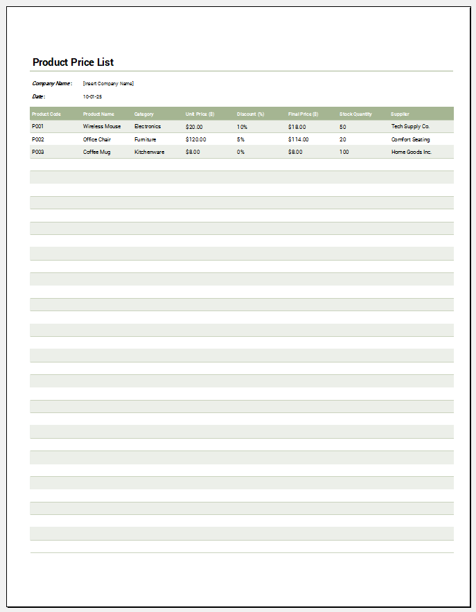 Product Price List Template