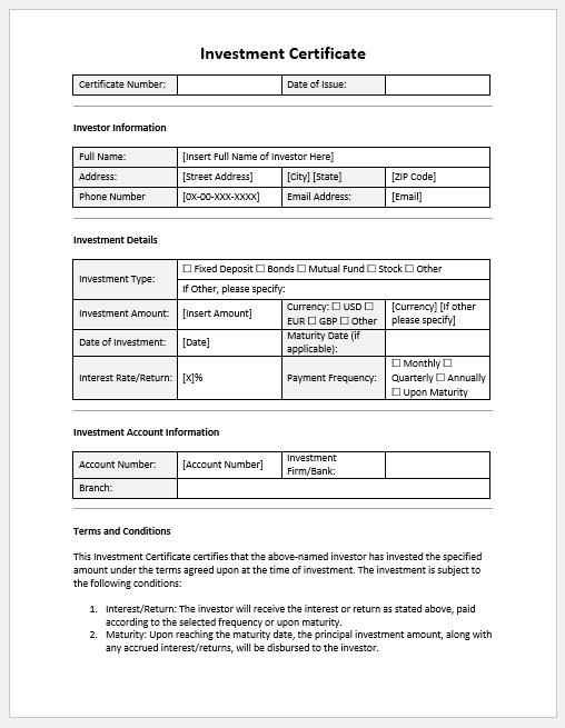 Investment Certificate Template