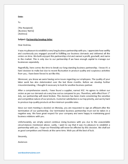Partnership breakup letter template