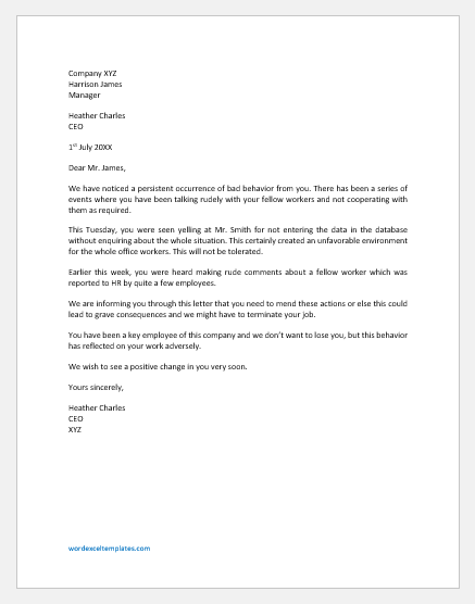 Letter to Employee for Behaving Badly at Workplace