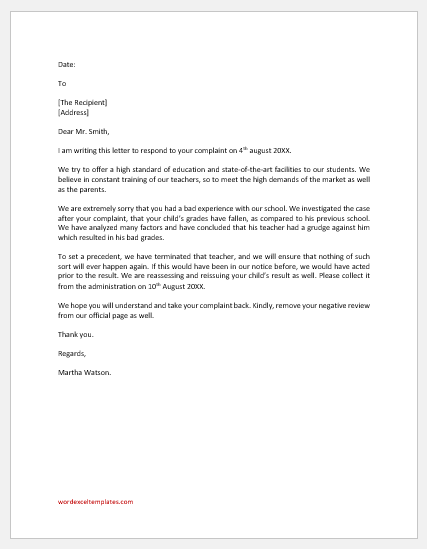 Response Letter To Complaint Of Parents About Study FREE