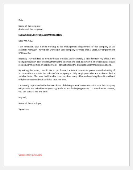 application letter for accommodation of room