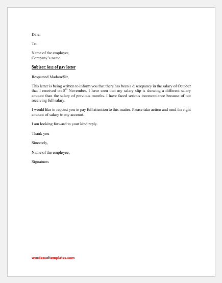 Loss Of Pay Letter To HR Word Excel Templates