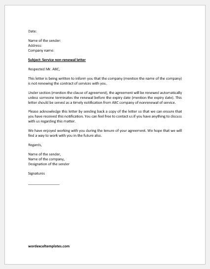 Services Non renewal Letter To Company Download Letter