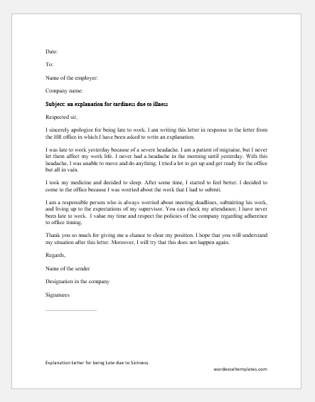 Explanation Letter for being Late due to Sickness | Download