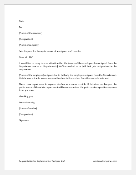 Request Letter for Replacement of Resigned Staff | Download