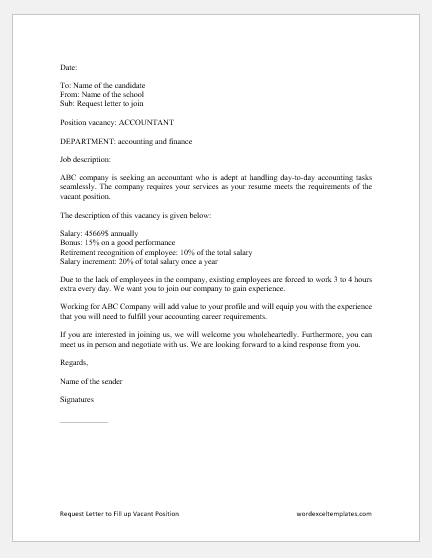 Request Letter To Fill Up Vacant Position 