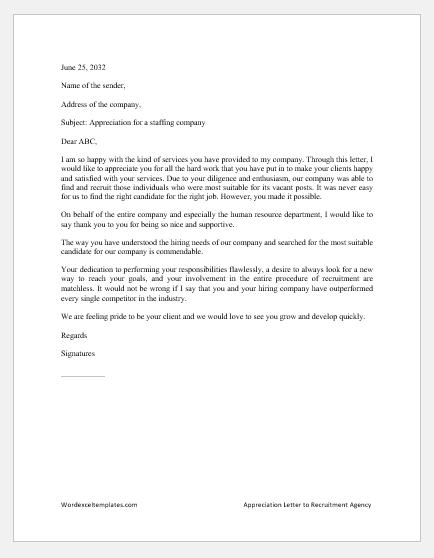 Appreciation Letter to Recruitment Agency | Download Letter