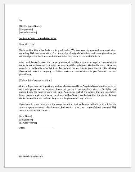 ADA Accommodation Letter To Employee Download Samples