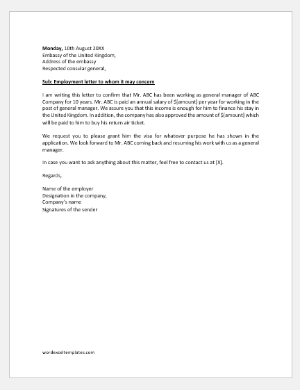 Employment Letter For Embassy Word Excel Templates