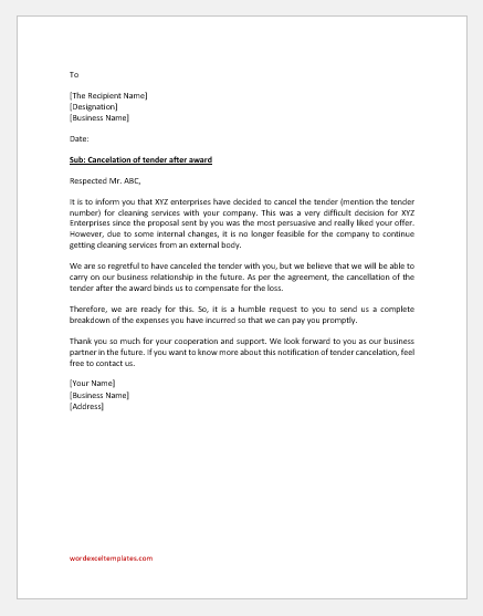 Letter of Cancellation of Tender after Reward | Download