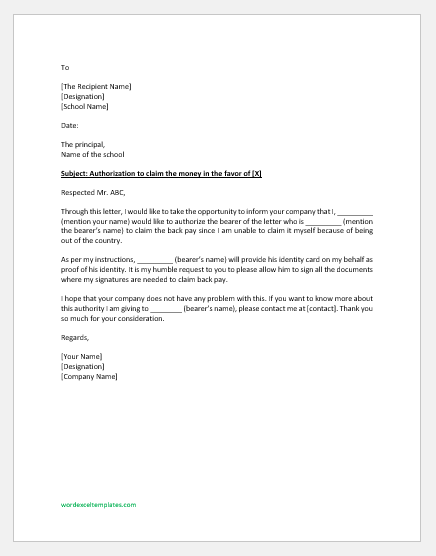 Authorization Letter To Claim Back Pay Sample Letters