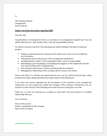 Duties And Responsibilities Job Description Letter Sample