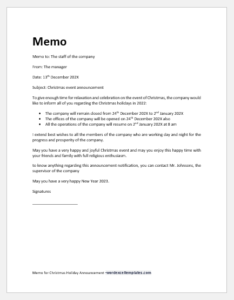 Memo for Christmas Holiday Announcement | Download Samples