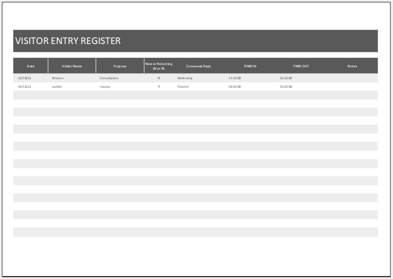 Visitor Entry Register Template Download Excel Worksheet