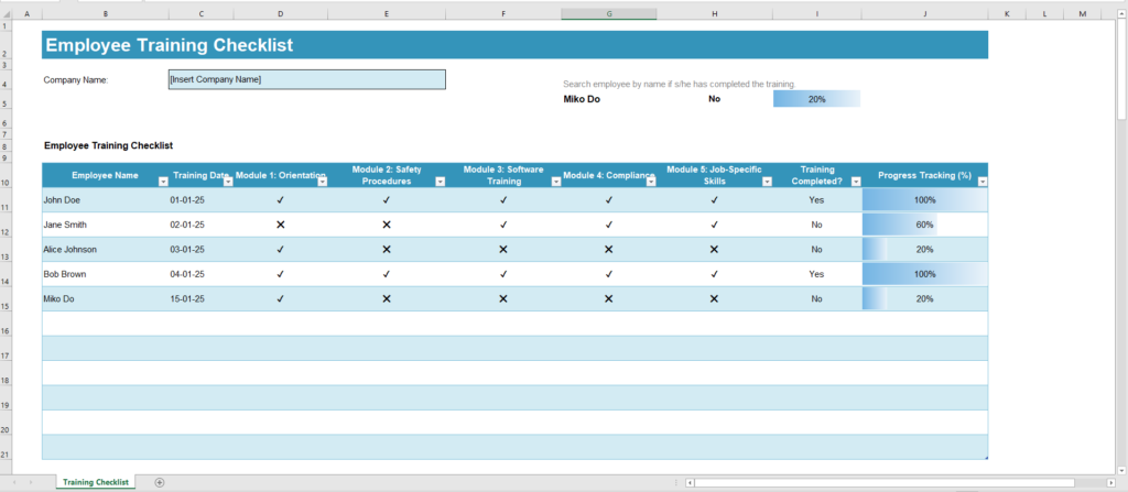 Employee Training Checklist Template for Excel