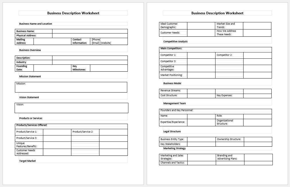 Business Description Worksheet